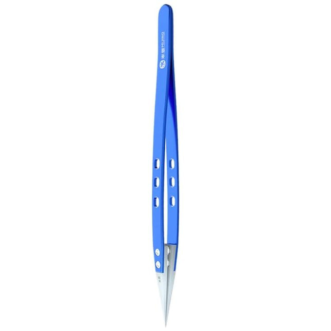 Alt Tag: Mijing Antistatic Tweezers for Precision Electronic Repair - blue ESD tweezers gripping tiny circuit components
