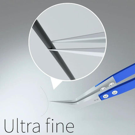 Mijing Antistatic Tweezers for Precision Electronic Repair - ultra-fine angled tips gripping tiny electronic components safely
