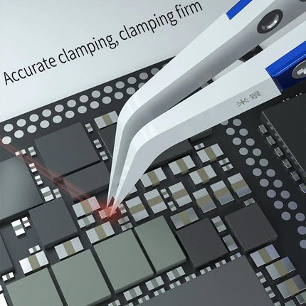 Mijing Antistatic Tweezers for Precision Electronic Repair gripping tiny circuit component on PCB with antistatic tips and comfortable grip