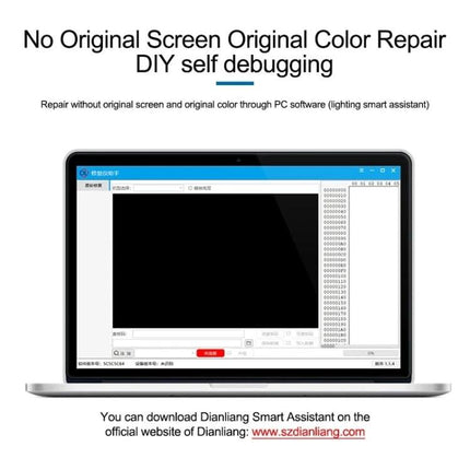 DL F210 Multifunctional Box for iPhone Color Restoration showing laptop software interface for DIY color matching and screen repair
