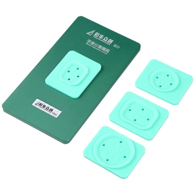 Precision Mold for Apple Watch Screen Repair and Alignment showing green alignment mold and silicone pads for Apple Watch screen laminating