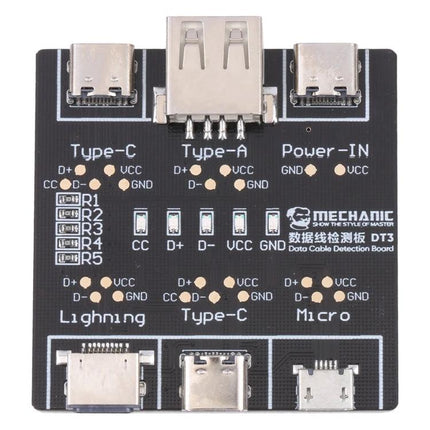 Mechanic DT3 USB Cable Tester for Short Circuit Detection compact data cable detection board with Type-A, Type-C, Lightning, Micro ports