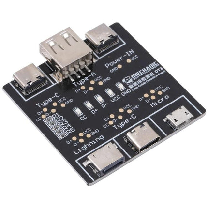 Mechanic DT3 USB Cable Tester for Short Circuit Detection compact PCB board showing Type-A, Type-C, Micro and Lightning ports