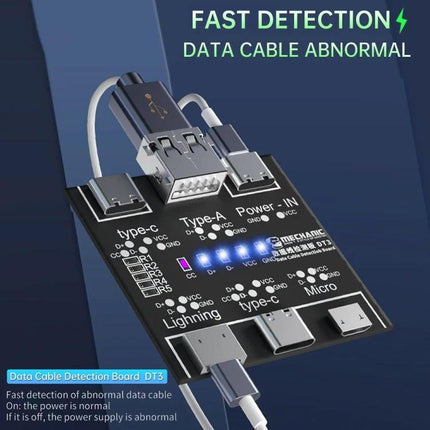 Mechanic DT3 USB Cable Tester for Short Circuit Detection showing labeled ports and LED indicators on a compact data cable detection board