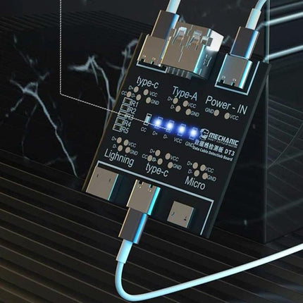Mechanic DT3 USB Cable Tester for Short Circuit Detection compact device showing Type-C Type-A Lightning Micro ports and LED indicators