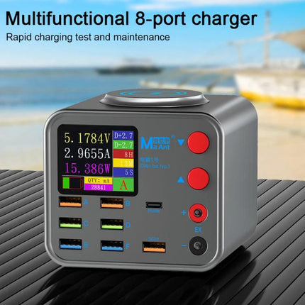 MaAnt Dianba NO.1 Wireless Multi-Port USB Charger for Devices showing 8-port USB hub, wireless charging pad and display monitoring charging status