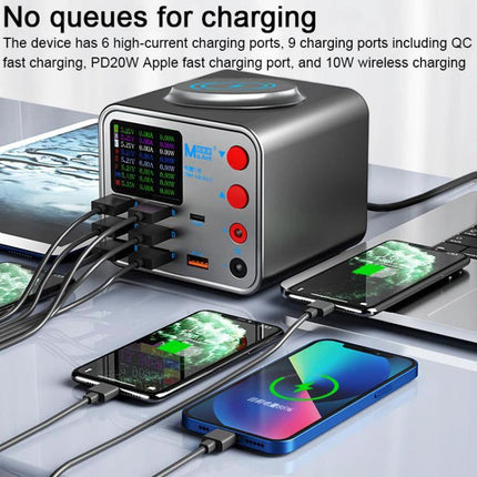 MaAnt Dianba NO.1 Wireless Multi-Port USB Charger for Devices showing multiple phones charging via wired ports and wireless pad with LED display