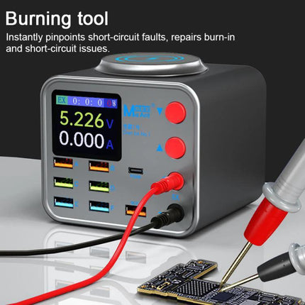 MaAnt Dianba NO.1 Wireless Multi-Port USB Charger for Devices showing display, multi USB ports, wireless pad and probes testing a circuit board