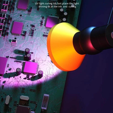 BOERUI USB UV Lamp for Curing Ink in Artistic Projects shining on circuit board to quickly cure inks via USB-powered UV light