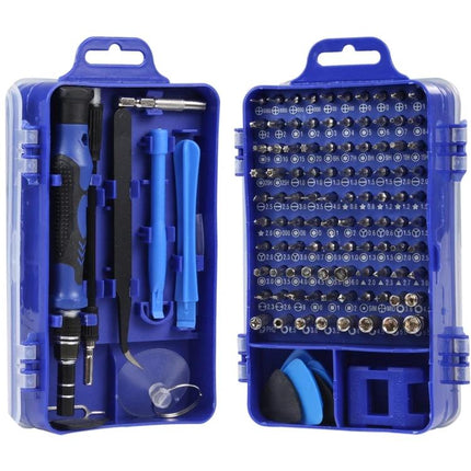 115 in 1 Screwdriver Repair Kit with Plastic Handle open blue case showing bits and tools for electronics repair