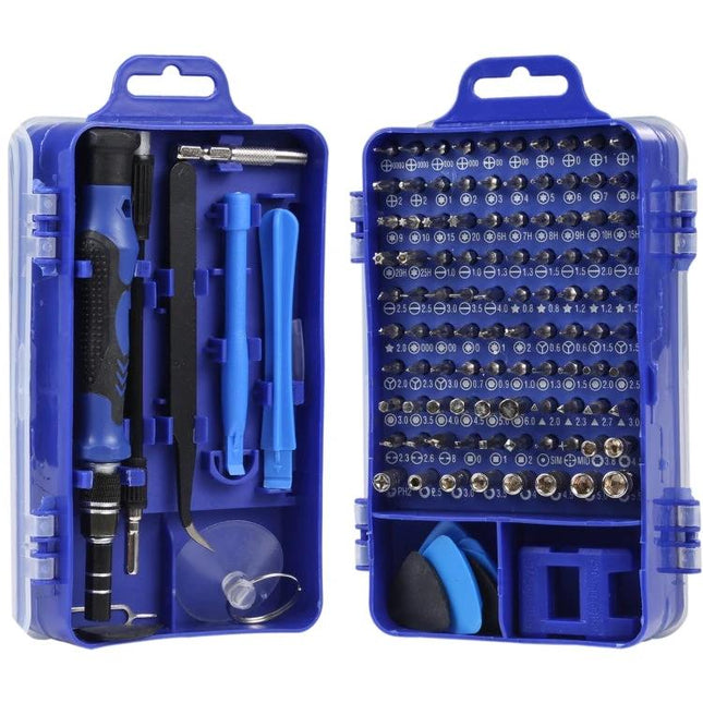 115 in 1 Screwdriver Repair Kit with Plastic Handle open blue case showing bits and tools for electronics repair