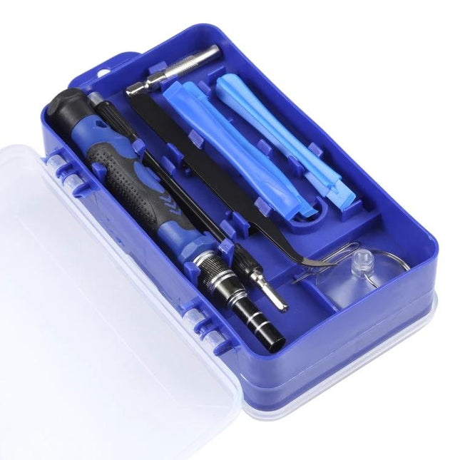 115 in 1 Screwdriver Repair Kit with Plastic Handle small blue tool set for electronics repair including handle, bits, pry tools and tweezers