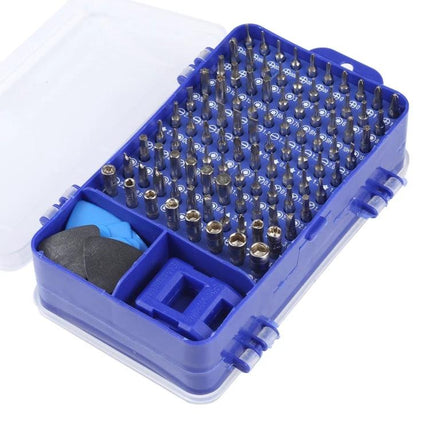 115 in 1 Screwdriver Repair Kit with Plastic Handle compact blue case showing assorted bits, plastic handle and accessories for electronics repairs