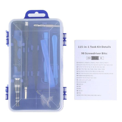 115 in 1 Screwdriver Repair Kit with Plastic Handle compact case showing bits, plastic handle and tools for electronics and DIY repairs