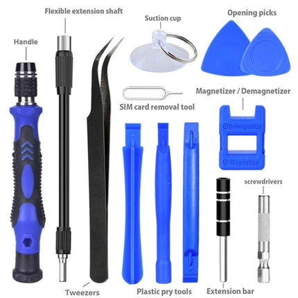 115 in 1 Screwdriver Repair Kit with Plastic Handle showing handle, flexible shaft, tweezers, pry tools, suction cup, opening picks and magnetizer