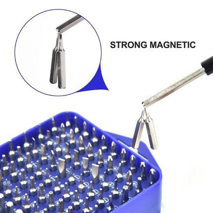 115 in 1 Screwdriver Repair Kit with Plastic Handle showing magnetic bit holder picking up multiple durable bits for electronics and DIY repairs