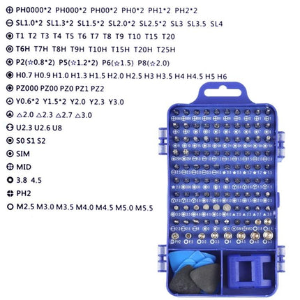115 in 1 Screwdriver Repair Kit with Plastic Handle showing compact blue case with 98 assorted bits for electronics and DIY repairs