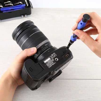 115 in 1 Screwdriver Repair Kit with Plastic Handle repairing DSLR camera with precision bits and plastic-handled screwdriver set