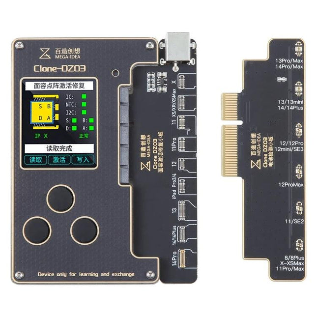 MEGA-IDEA iPhone Battery Activation and Face ID Repair Tool showing Clone-DZ03 device with screen, buttons and connector adapters for iPhone maintenance