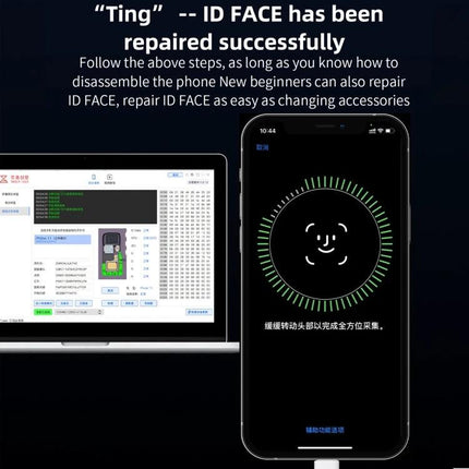 MEGA-IDEA iPhone Battery Activation and Face ID Repair Tool showing Face ID repair success screen and laptop software interface