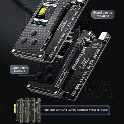 MEGA-IDEA iPhone Battery Activation and Face ID Repair Tool showing modular boards, display, and convenient buttons for battery and Face ID maintenance