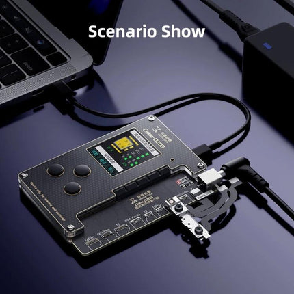 MEGA-IDEA iPhone Battery Activation and Face ID Repair Tool connected to laptop showing diagnostic screen and cables