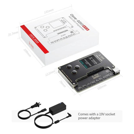 MEGA-IDEA iPhone Battery Activation and Face ID Repair Tool diagnostic board with packaging and 19V power adapter