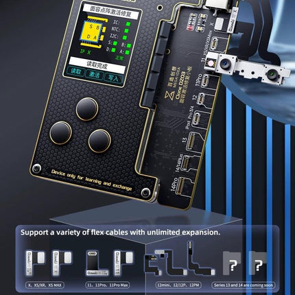 MEGA-IDEA iPhone Battery Activation and Face ID Repair Tool showing device mainboard, buttons and flex-cable adapters for technicians