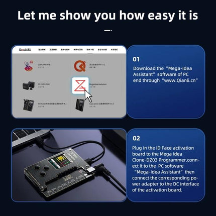 MEGA-IDEA iPhone Battery Activation and Face ID Repair Tool connected to laptop showing software and activation board steps