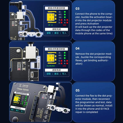 MEGA-IDEA iPhone Battery Activation and Face ID Repair Tool showing activation board connections and step-by-step repair process