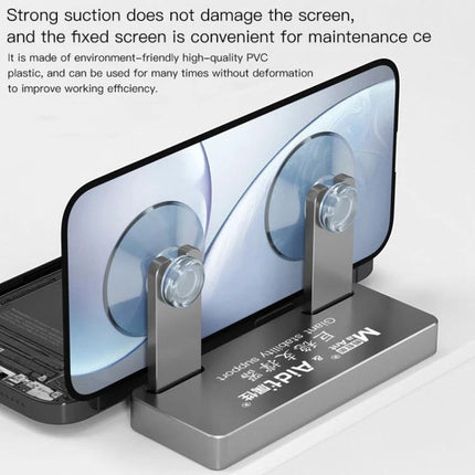 MaAnt Giant Stability Support for Device Maintenance holding a smartphone screen with dual suction cups and metal base for secure repairs