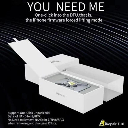 iRepair BOX P10 Tool for iPhone Repair Without Disassembly showing white packaging and device in box for one-click DFU access