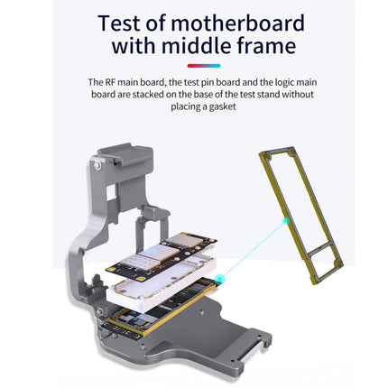 Aixun FC3-11 Mainboard Testing Fixture for iPhone 11 Series showing stacked motherboards and middle frame for diagnostic testing