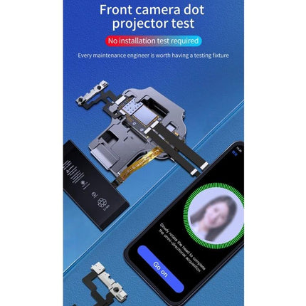 Aixun FC3-11 Mainboard Testing Fixture for iPhone 11 Series showing front camera dot projector test with phone and mainboard components