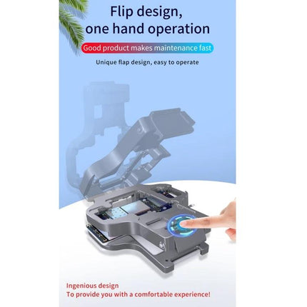 Aixun FC3-11 Mainboard Testing Fixture for iPhone 11 Series showing flip design one-hand operation and front camera dot projector testing