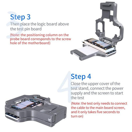 Aixun FC3-11 Mainboard Testing Fixture for iPhone 11 Series showing step-by-step placement and closing cover for diagnostics