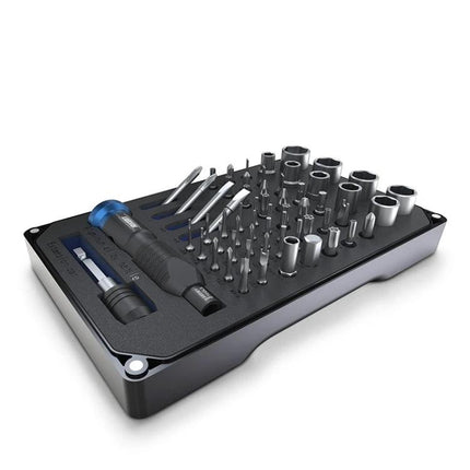 JAKEMY 60-in-1 Precision Screwdriver Set for Phone Repairs showing organized bits, driver handles and sockets in foam tray for phone and small electronics repair