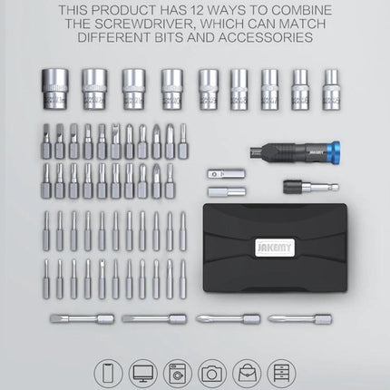 JAKEMY 60-in-1 Precision Screwdriver Set for Phone Repairs laid out with bits, adapters, handle and black storage case for DIY phone and household fixes