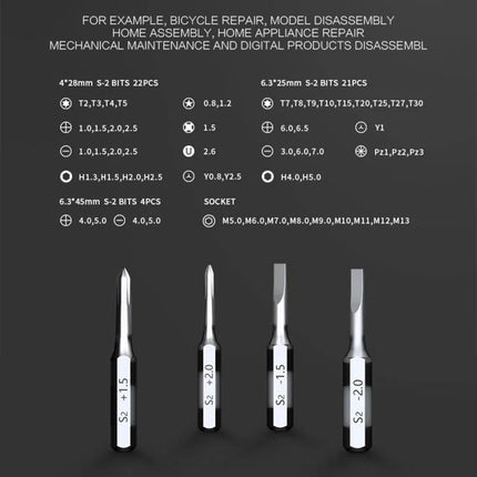 JAKEMY 60-in-1 Precision Screwdriver Set for Phone Repairs showing labeled bits, sizes and compatible screws on black background