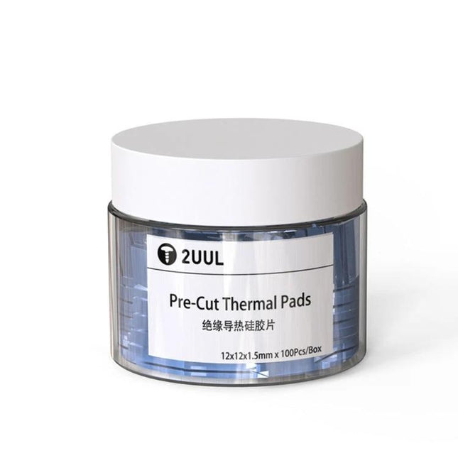 Pre-Cut Thermal Silicone Pads for Electronics Repair, 100 Pack - clear jar of blue pre-cut thermal pads for smartphone and small electronics repairs
