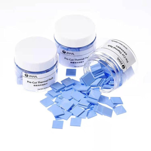 Pre-Cut Thermal Silicone Pads for Electronics Repair, 100 Pack - blue pre-cut silicone thermal pads spilling from jars for device heat management