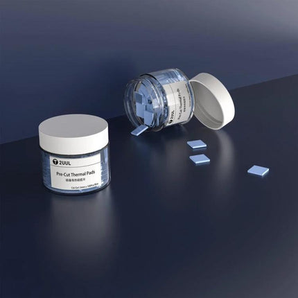 Pre-Cut Thermal Silicone Pads for Electronics Repair, 100 Pack - jar of blue pre-cut thermal pads arranged on tabletop