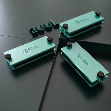 2UUL DA03 Lite Press Clamp for Smartphone Glass Replacement showing three adjustable mint-green holders aligned for phone/tablet screen installation