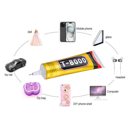50ml T-8000 Multi-Function Adhesive for Crafts and Repairs tube shown with examples of repaired phone, doll, glass, headset, toy car, DIY bag and computer