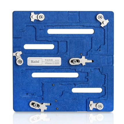 Kaisi K-12 Fixture Holder for iPhone 12 Series Maintenance blue repair fixture showing secure mounting points for iPhone 12 motherboard work