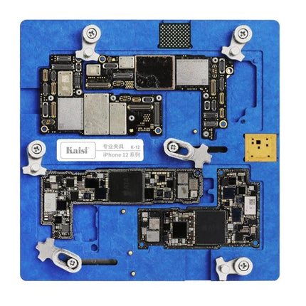 Kaisi K-12 Fixture Holder for iPhone 12 Series Maintenance - blue holder securing iPhone 12 motherboard for precise repair