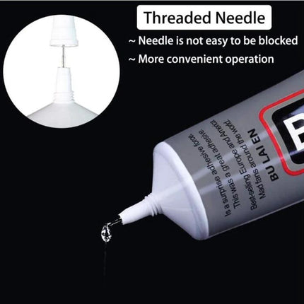 Versatile 15ml B-7000 Glue for Screen Repair and More showing threaded-needle tip dispensing clear adhesive onto black background