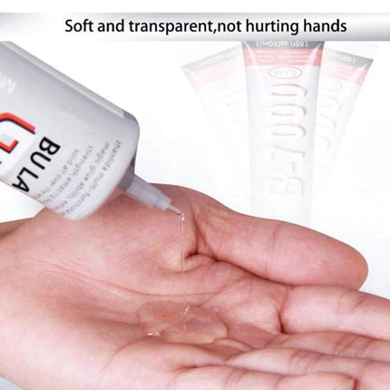 Versatile 15ml B-7000 Glue for Screen Repair and More - clear adhesive dispensed into hand showing liquid consistency for electronics and glass repairs