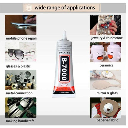 Versatile 15ml B-7000 Glue for Screen Repair and More - tube of B-7000 adhesive surrounded by sample repairs on glass, plastic, ceramics and fabric