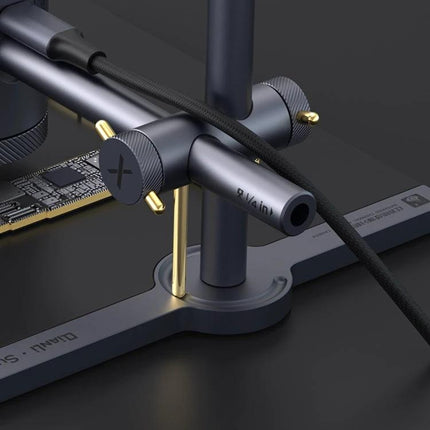 Qianli Super Cam X Thermal Imager for Electronics Repair mounted on adjustable stand over PCB with USB cable connected